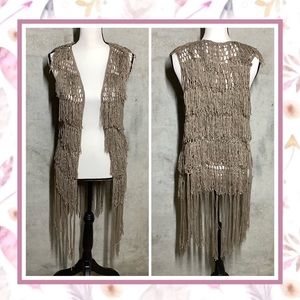 🍒 FRINGE VEST CROCHET NET MIDI DUDSTER BOHO CHIC TAN BOHEMIAN COUTURE COVER